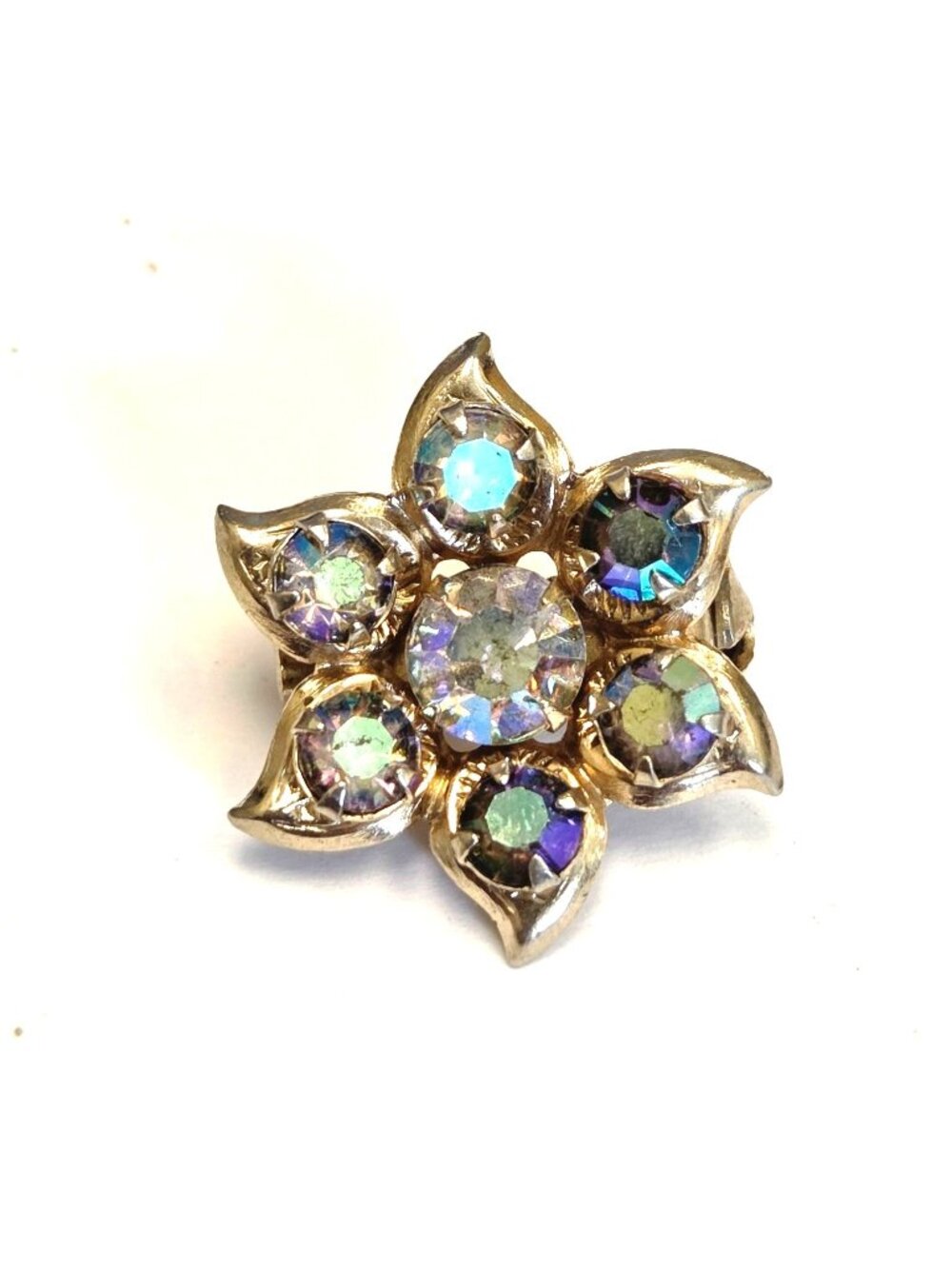 Vintage Gold-Tone Flower Brooch With Aurora Borealis Rhinestones